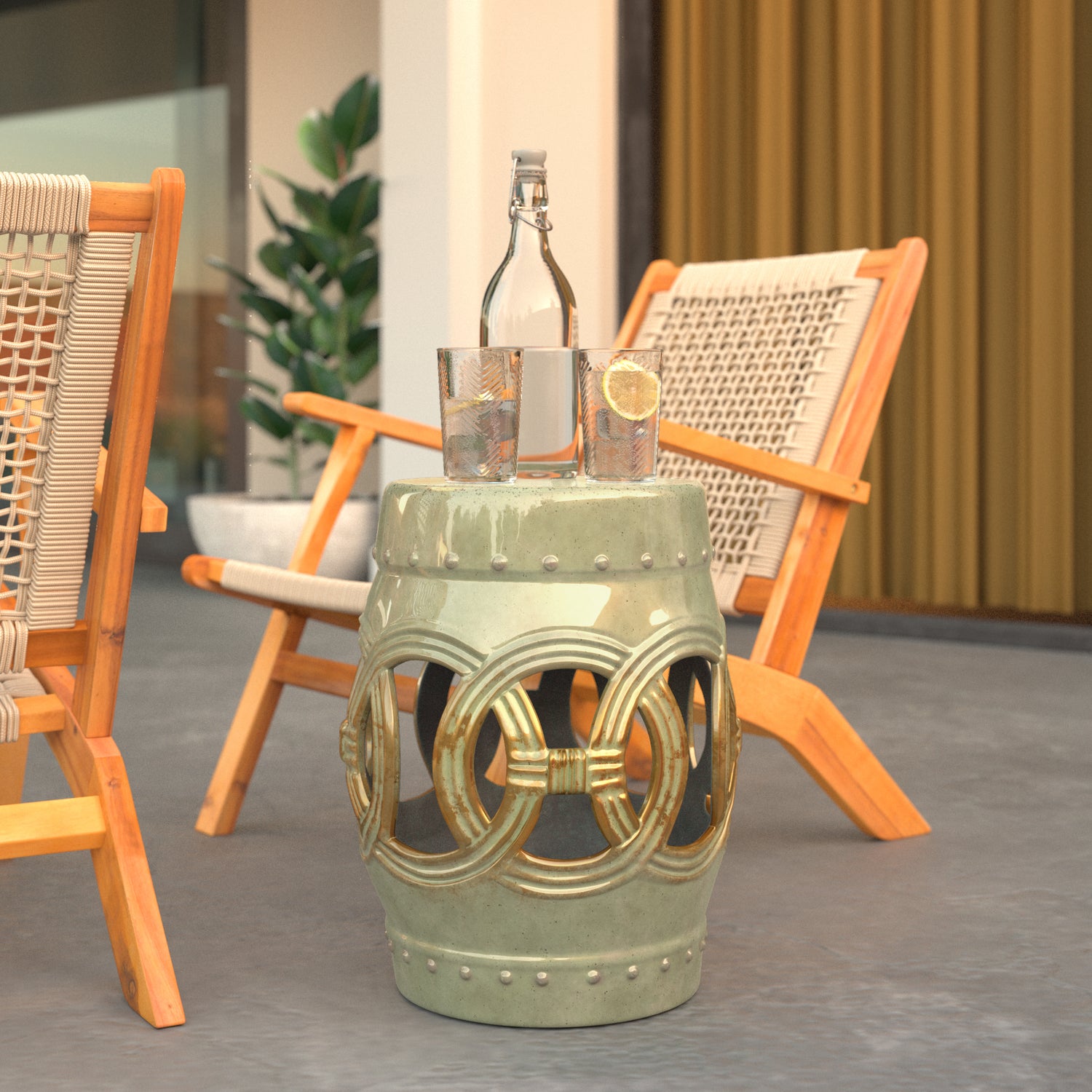 Large Medallion Ceramic Indoor/Outdoor Garden Stool/Table in Olive Jade Green | 63614